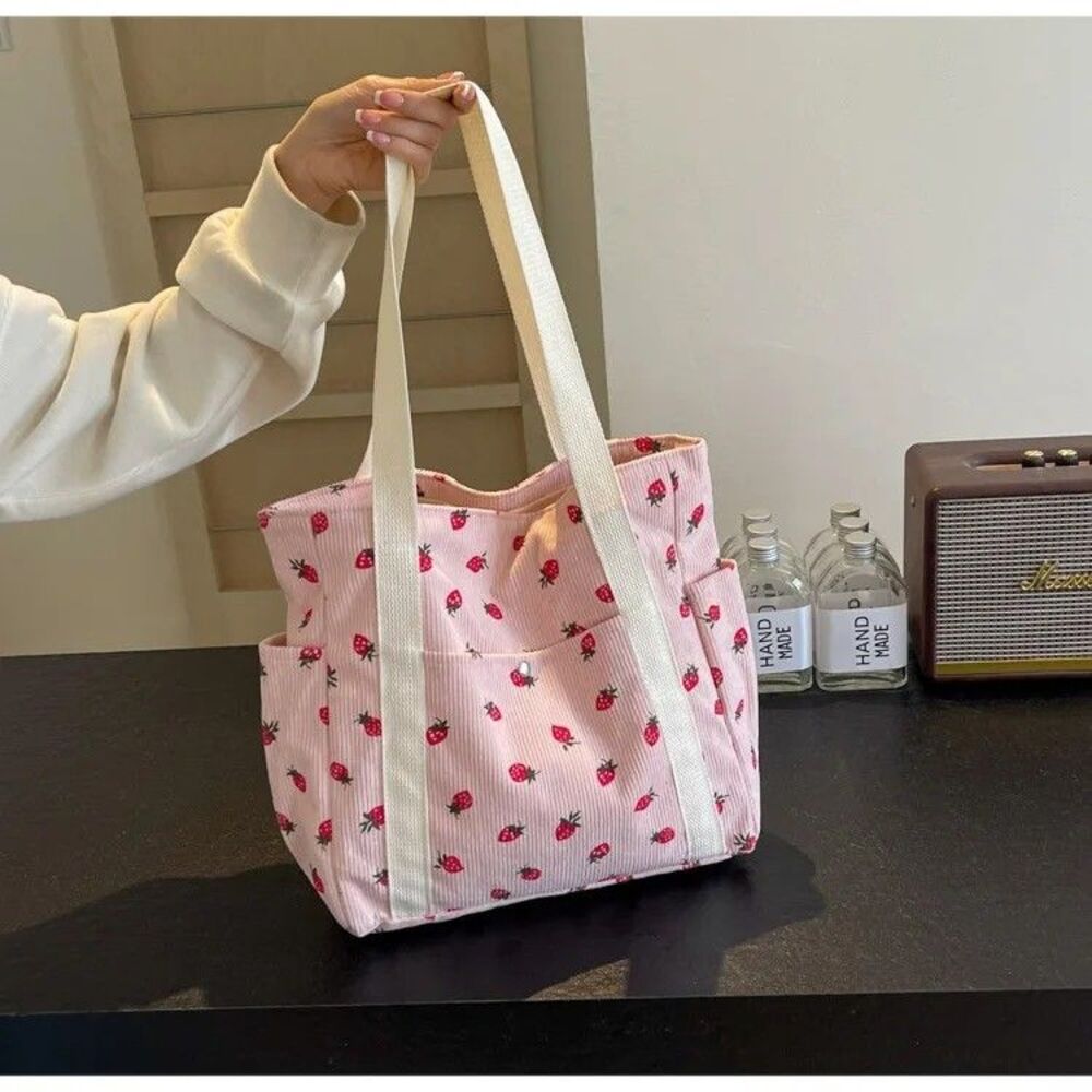 Women’s Corduroy Strawberry Print Tote Bag Large Capacity Shoulder Handbag Pink